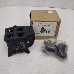 NEW Vintage "Queen" Cast Iron Wood Burning Stove w/Pans Toy Miniature Lot RARE